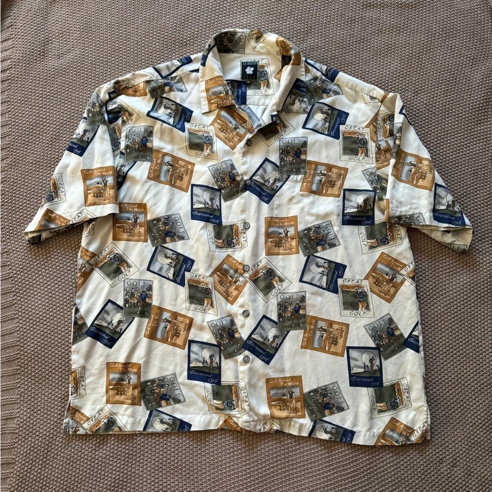 Aureus Men's Short Sleeve Silk Hawaiian All Over Print Golf Shirt‎ Size 2XL